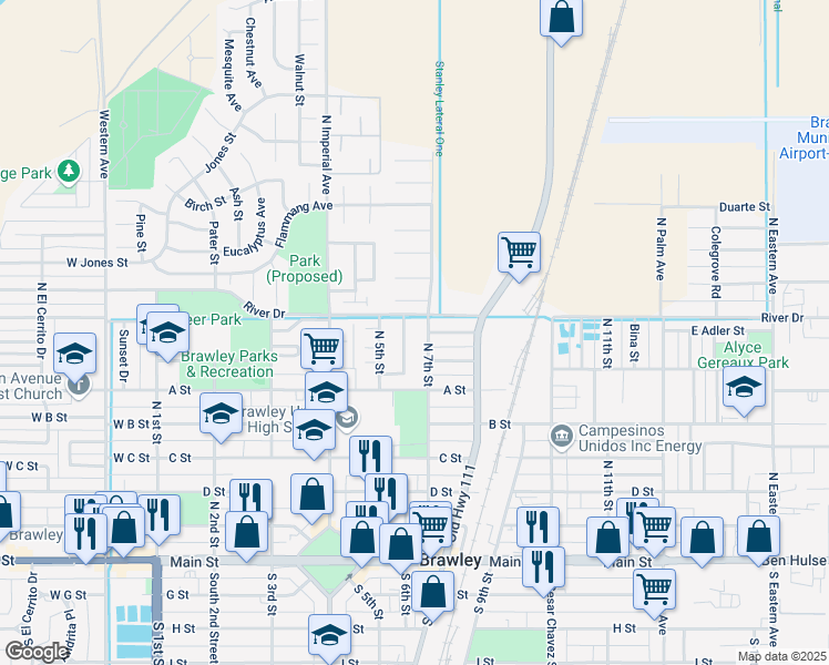 map of restaurants, bars, coffee shops, grocery stores, and more near 699 River Drive in Brawley