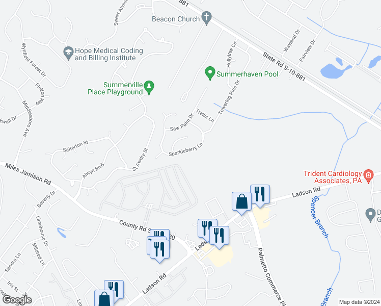 map of restaurants, bars, coffee shops, grocery stores, and more near 225 Sparkleberry Lane in Ladson