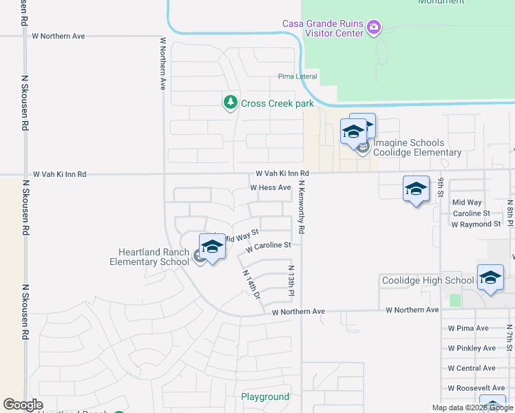 map of restaurants, bars, coffee shops, grocery stores, and more near 1422 Shannon Way in Coolidge