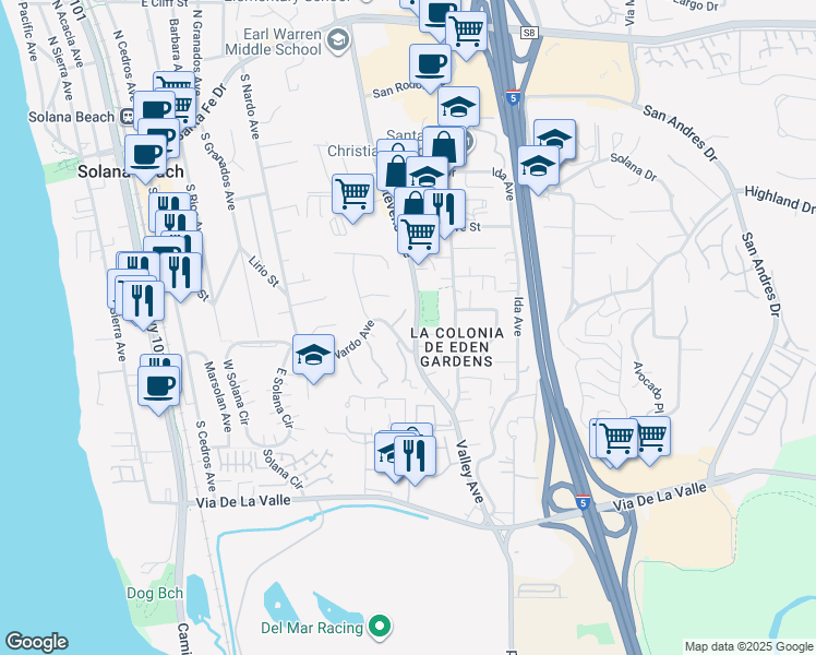 map of restaurants, bars, coffee shops, grocery stores, and more near 764 South Nardo Avenue in Solana Beach