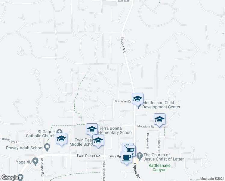 map of restaurants, bars, coffee shops, grocery stores, and more near 15009 Hat Creek Road in Poway