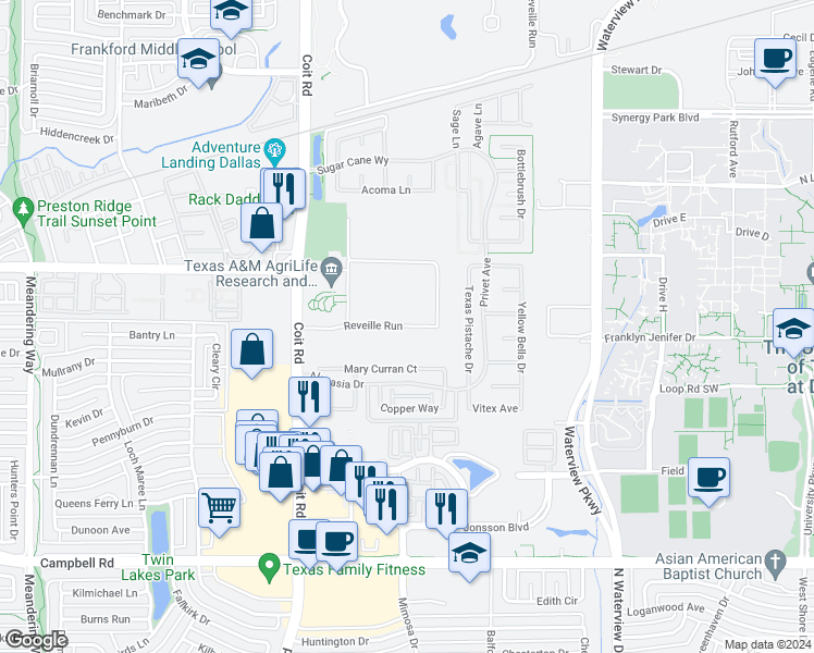 map of restaurants, bars, coffee shops, grocery stores, and more near Texas A and M University in Richardson