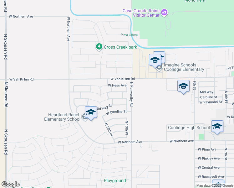 map of restaurants, bars, coffee shops, grocery stores, and more near 1338 Shannon Way in Coolidge