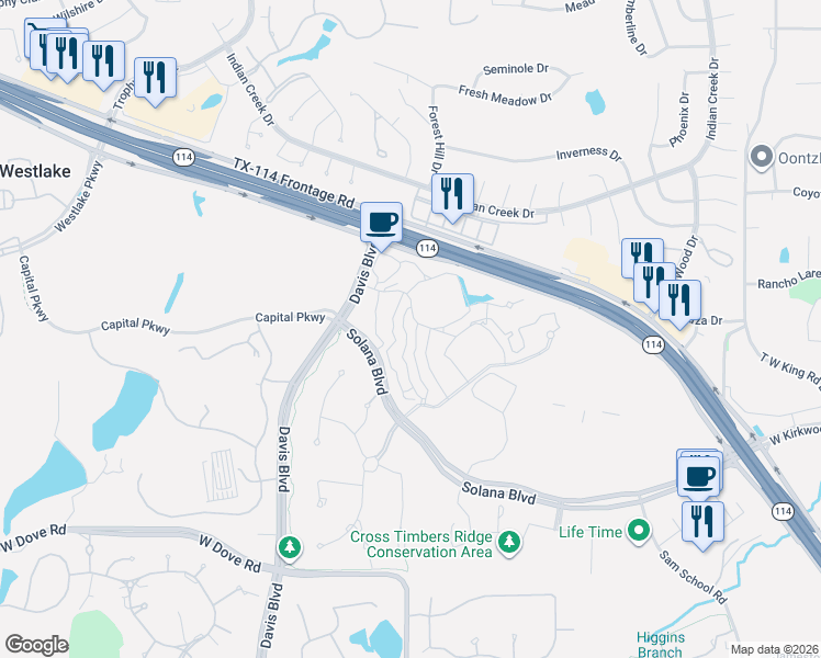 map of restaurants, bars, coffee shops, grocery stores, and more near 26 Arta Drive in Westlake