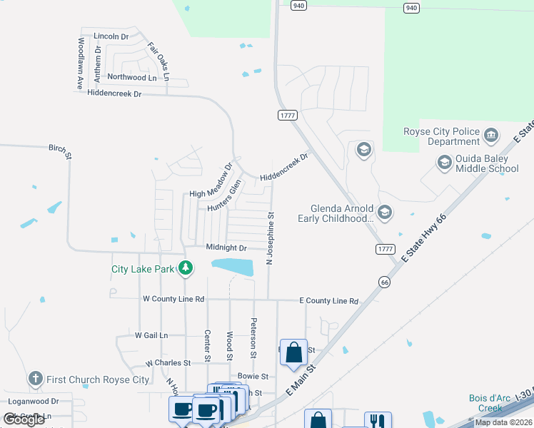 map of restaurants, bars, coffee shops, grocery stores, and more near 316 Shepherd Lane in Royse City