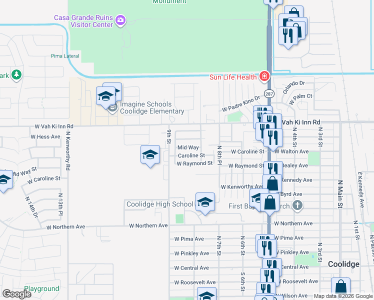 map of restaurants, bars, coffee shops, grocery stores, and more near 812 Mid Way in Coolidge