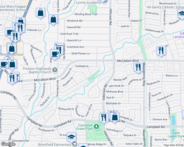 map of restaurants, bars, coffee shops, grocery stores, and more near 7005 Duffield Drive in Dallas