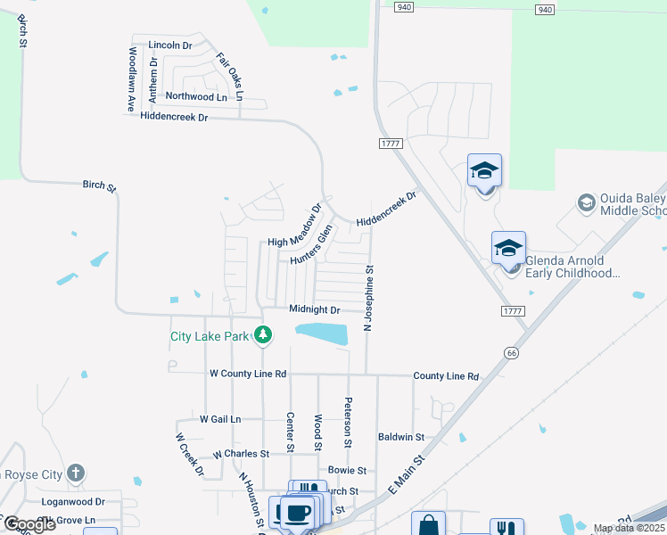 map of restaurants, bars, coffee shops, grocery stores, and more near 219 Regal Court in Royse City