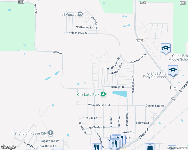 map of restaurants, bars, coffee shops, grocery stores, and more near 1317 North Houston Street in Royse City