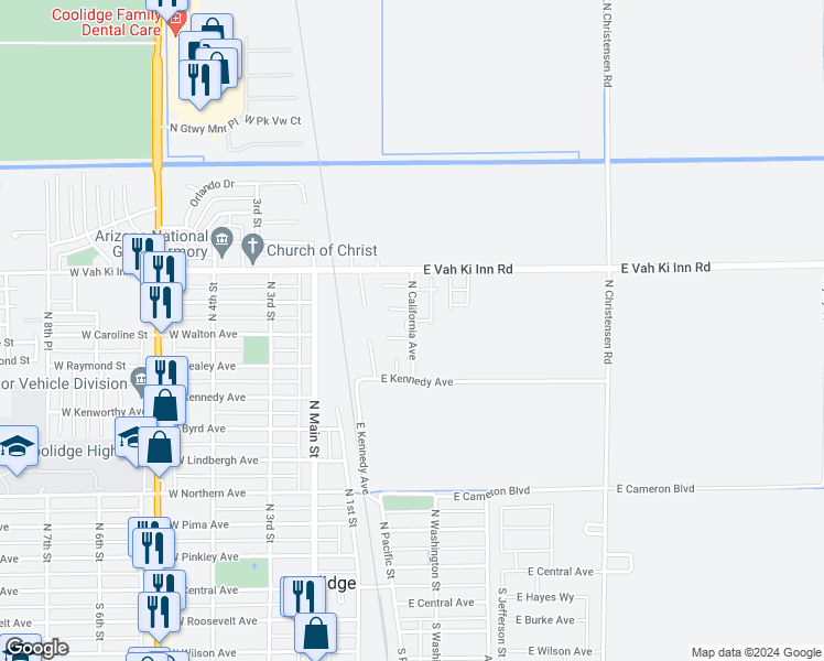 map of restaurants, bars, coffee shops, grocery stores, and more near 251 East Walton Avenue in Coolidge