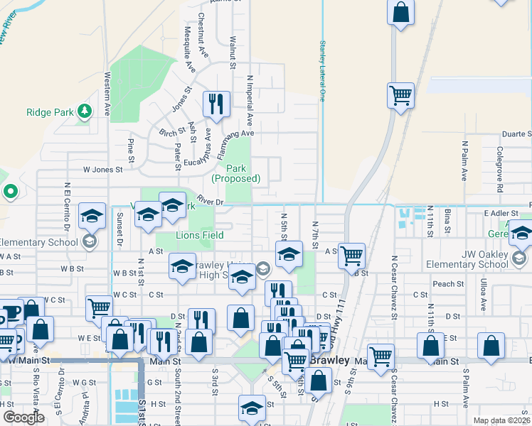 map of restaurants, bars, coffee shops, grocery stores, and more near 650 North Imperial Avenue in Brawley
