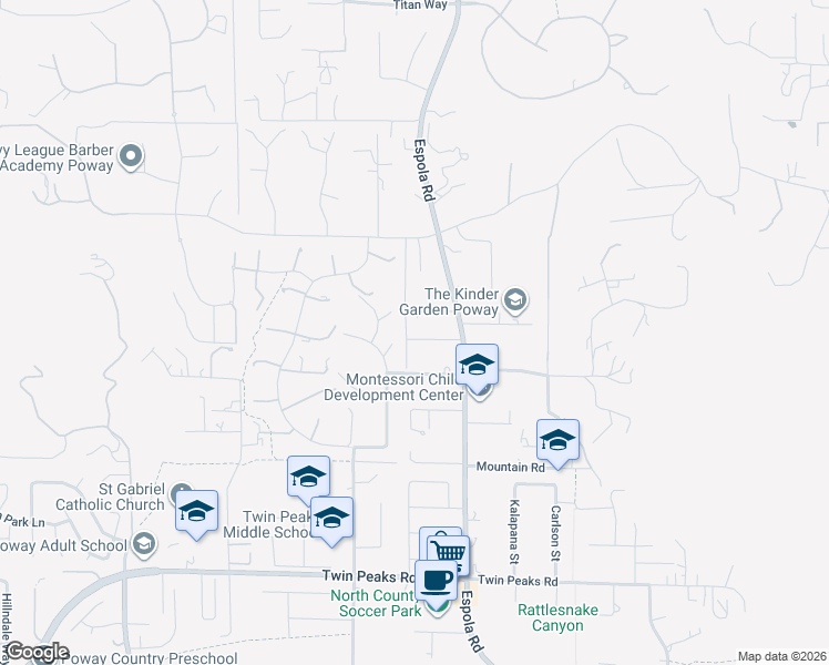 map of restaurants, bars, coffee shops, grocery stores, and more near 15044 Espola Road in Poway