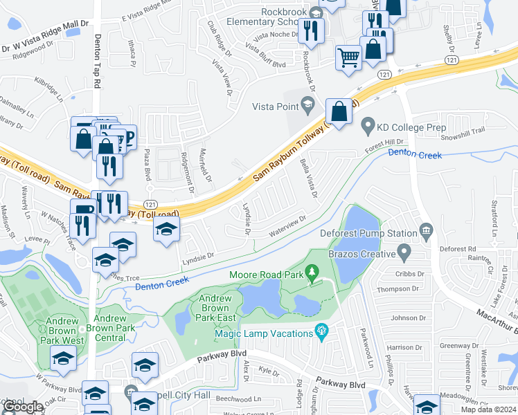 map of restaurants, bars, coffee shops, grocery stores, and more near 715 Willow Ridge Court in Coppell