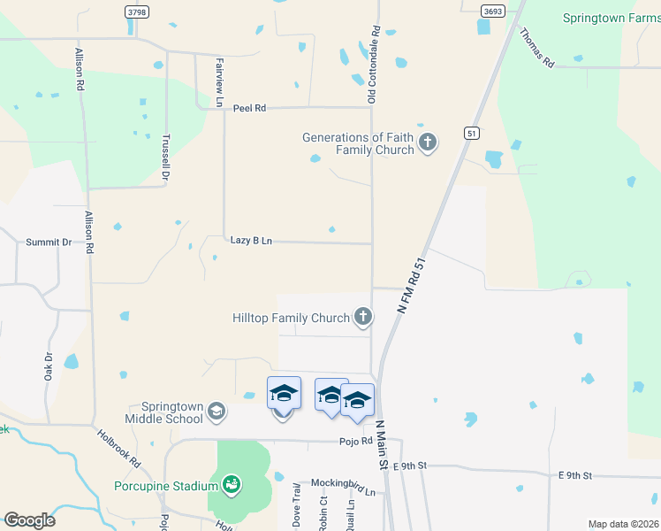 map of restaurants, bars, coffee shops, grocery stores, and more near 207 Lazy B Lane in Springtown