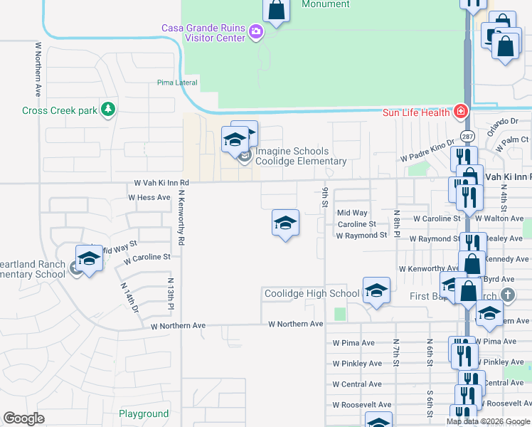 map of restaurants, bars, coffee shops, grocery stores, and more near 1036 Shannon Way in Coolidge
