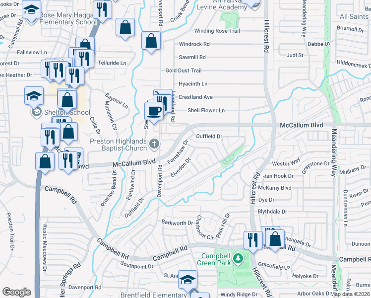 map of restaurants, bars, coffee shops, grocery stores, and more near 6705 Fernshaw Drive in Dallas