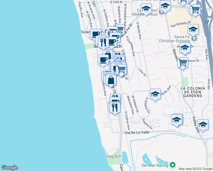 map of restaurants, bars, coffee shops, grocery stores, and more near 437 Highway 101 in Solana Beach