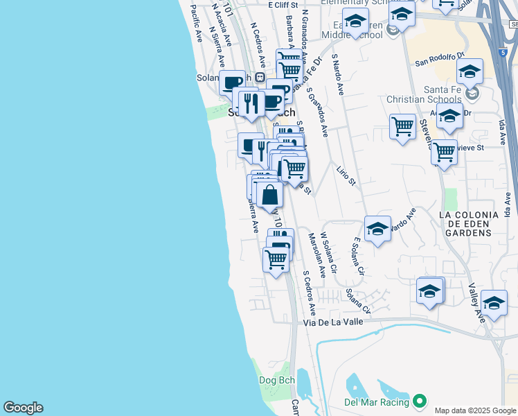 map of restaurants, bars, coffee shops, grocery stores, and more near 437 Highway 101 in Solana Beach