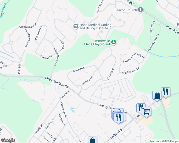 map of restaurants, bars, coffee shops, grocery stores, and more near 504 Salterton Street in Summerville