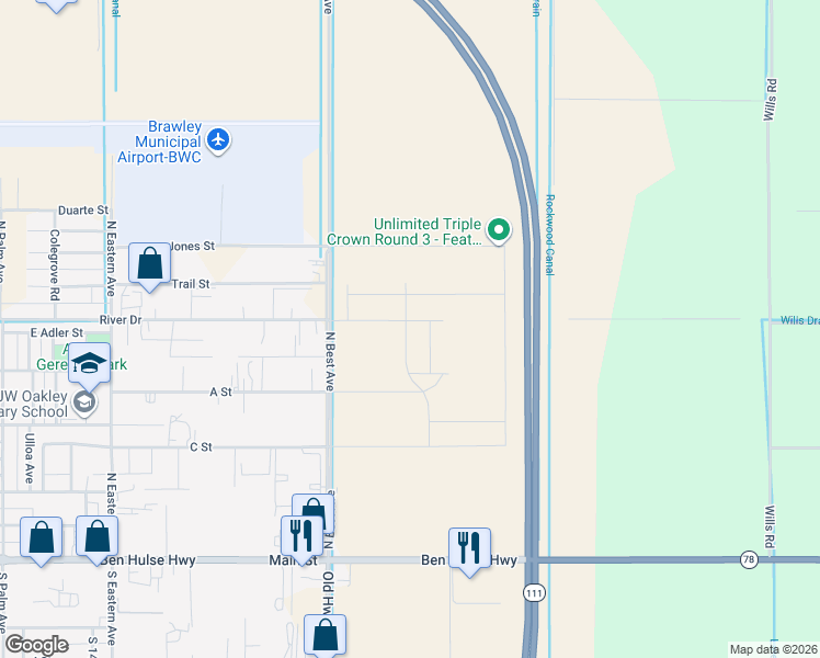 map of restaurants, bars, coffee shops, grocery stores, and more near 1731 River Drive in Brawley