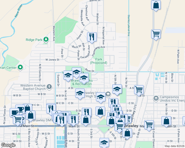 map of restaurants, bars, coffee shops, grocery stores, and more near 825 Hickory Court in Brawley