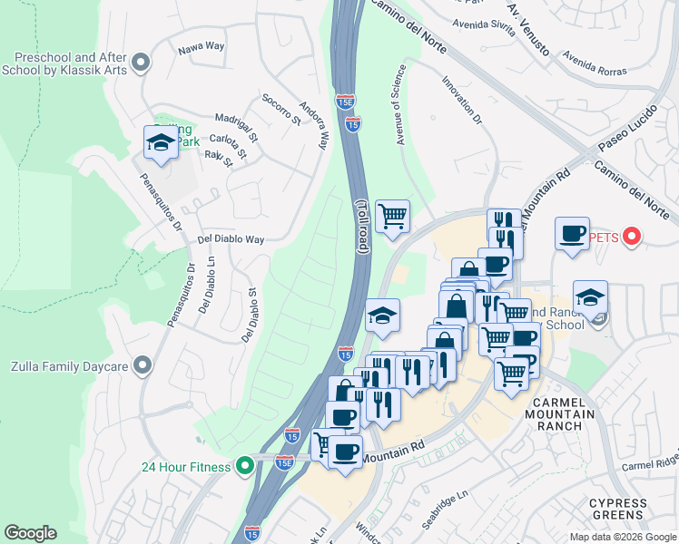map of restaurants, bars, coffee shops, grocery stores, and more near 12960 Kelly Way in San Diego