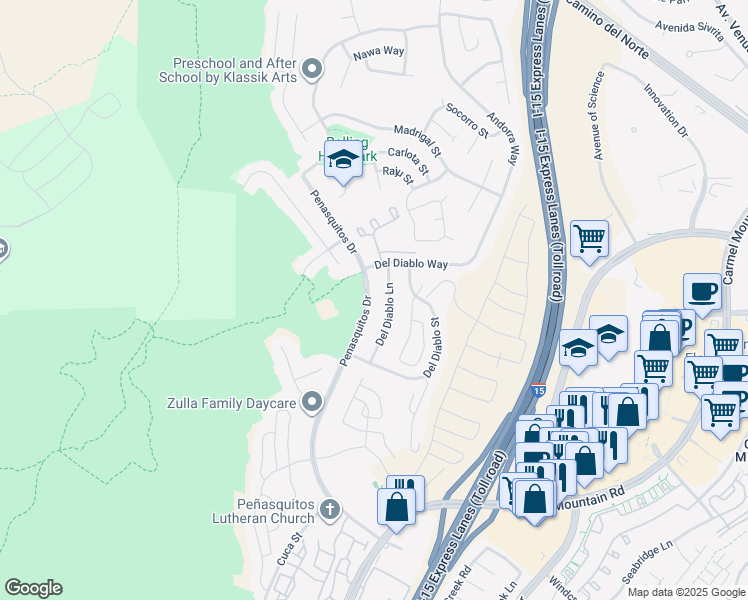 map of restaurants, bars, coffee shops, grocery stores, and more near 14931 Penasquitos Drive in San Diego