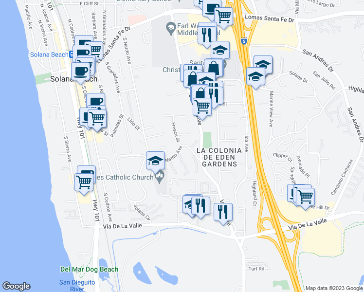 map of restaurants, bars, coffee shops, grocery stores, and more near 709 South Nardo Avenue in Solana Beach