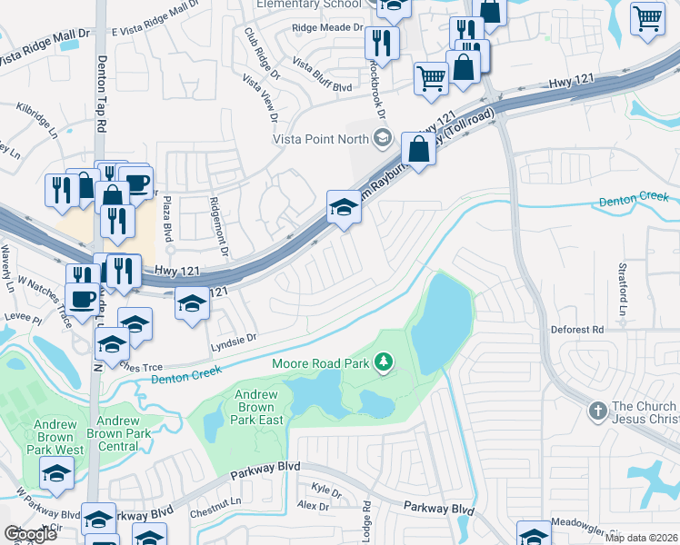 map of restaurants, bars, coffee shops, grocery stores, and more near 713 Cresthaven Road in Coppell