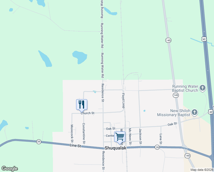 map of restaurants, bars, coffee shops, grocery stores, and more near 801-813 Residence Street in Shuqualak