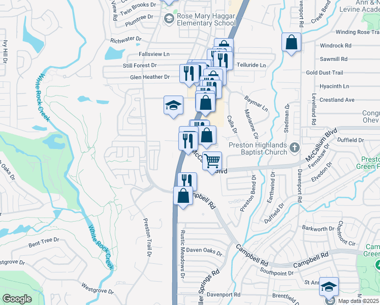 map of restaurants, bars, coffee shops, grocery stores, and more near 17304 Preston Road in Dallas