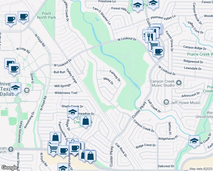 map of restaurants, bars, coffee shops, grocery stores, and more near 2408 Skyview Drive in Richardson