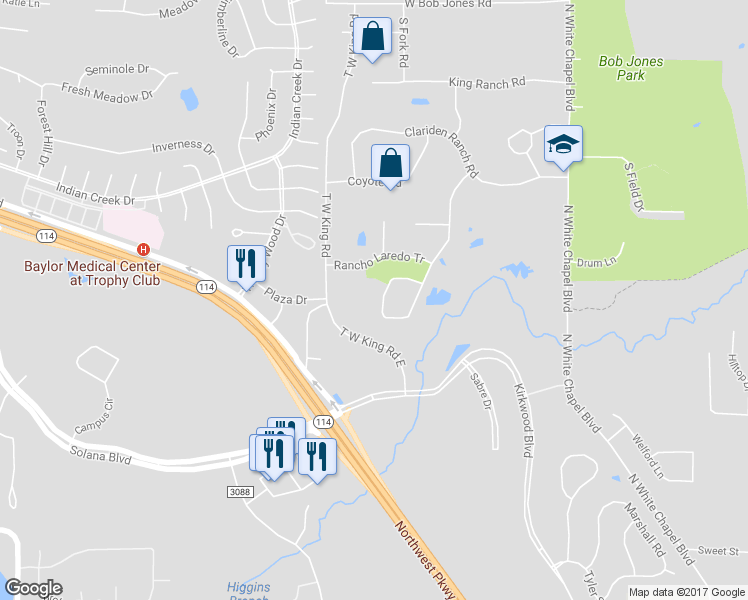 map of restaurants, bars, coffee shops, grocery stores, and more near 3525 Matador Ranch Road in Southlake