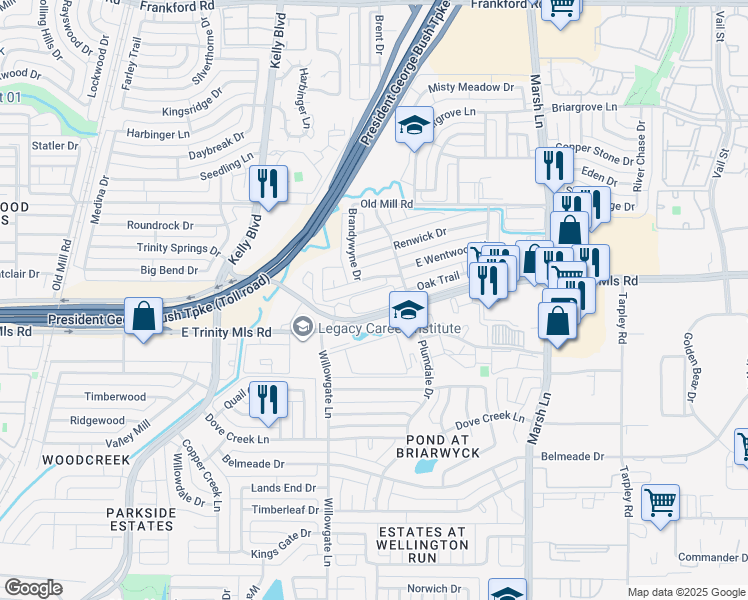 map of restaurants, bars, coffee shops, grocery stores, and more near 2645 East Trinity Mills Road in Carrollton