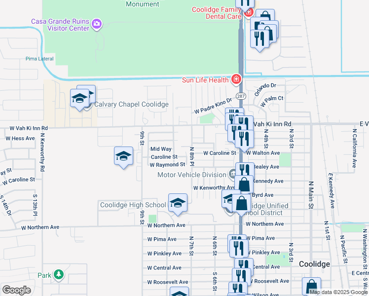 map of restaurants, bars, coffee shops, grocery stores, and more near 825 Country Village Lane in Coolidge
