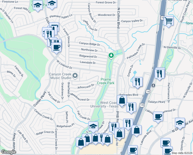 map of restaurants, bars, coffee shops, grocery stores, and more near 2508 Overcreek Drive in Richardson