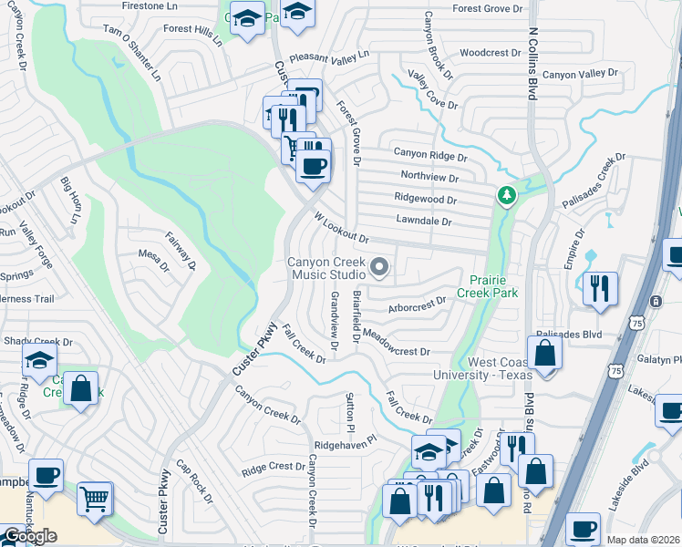 map of restaurants, bars, coffee shops, grocery stores, and more near 2508 Grandview Drive in Richardson