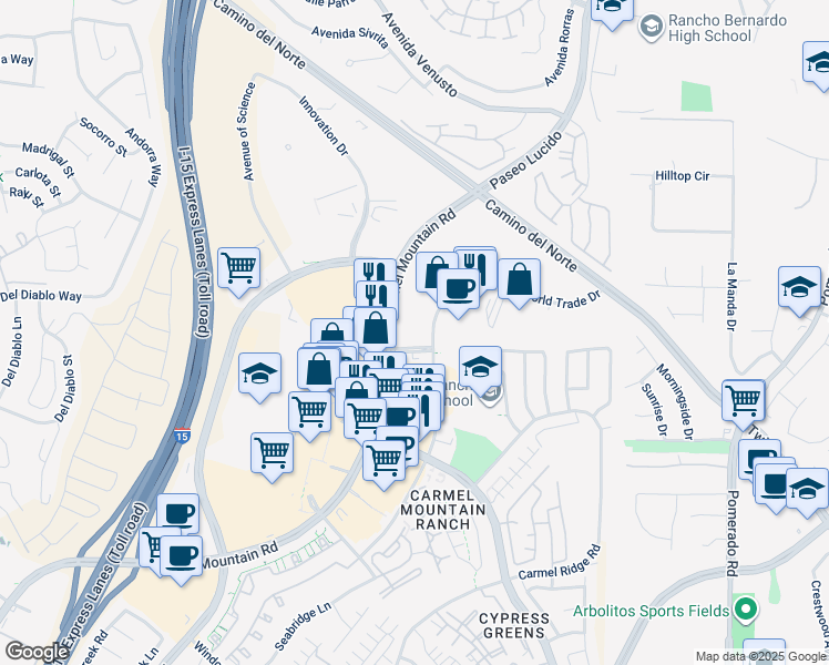map of restaurants, bars, coffee shops, grocery stores, and more near 12220 World Trade Drive in San Diego