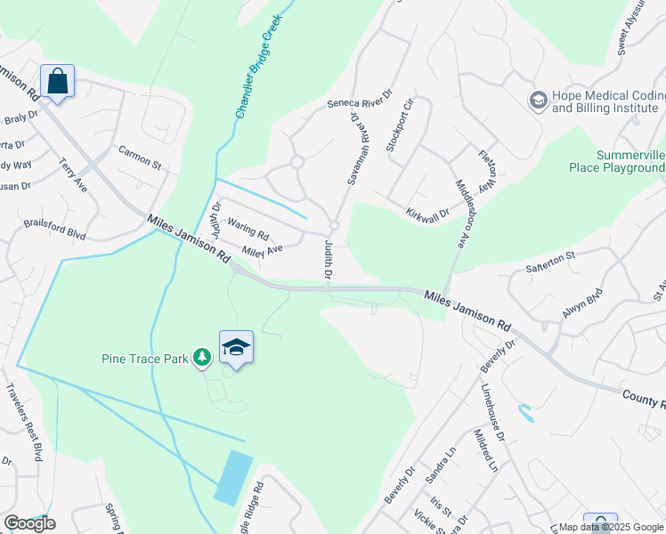 map of restaurants, bars, coffee shops, grocery stores, and more near 251 Judith Drive in Summerville