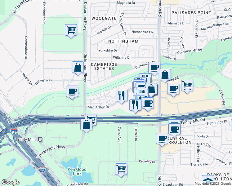 map of restaurants, bars, coffee shops, grocery stores, and more near 1120 Mac Arthur Drive in Carrollton
