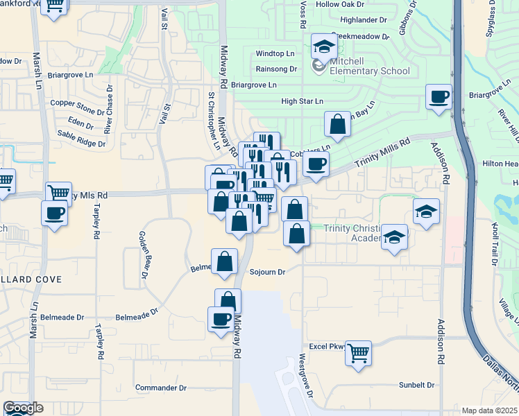 map of restaurants, bars, coffee shops, grocery stores, and more near 2650 Midway Road in Carrollton