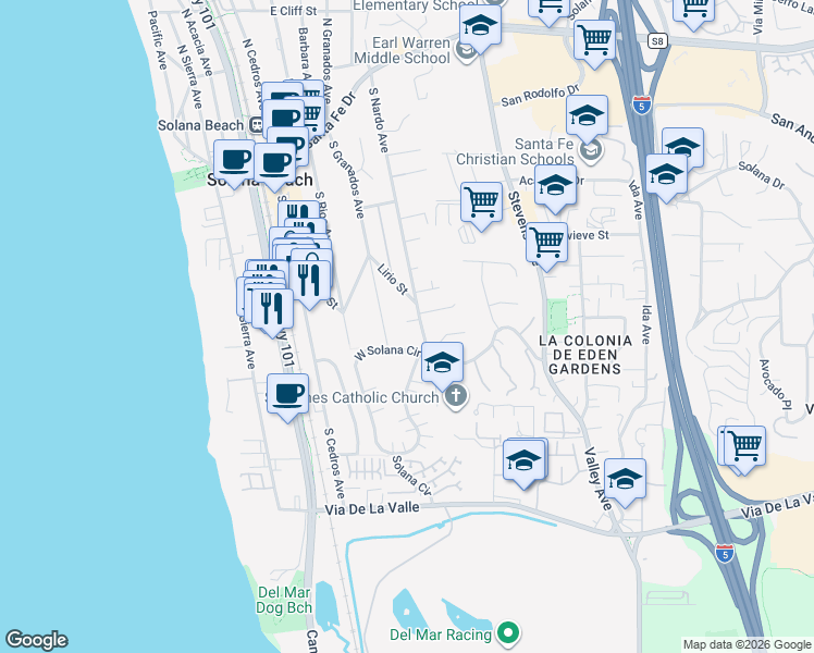 map of restaurants, bars, coffee shops, grocery stores, and more near 525 South Nardo Avenue in Solana Beach