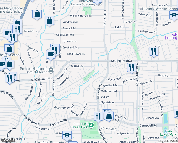 map of restaurants, bars, coffee shops, grocery stores, and more near 7005 Duffield Drive in Dallas