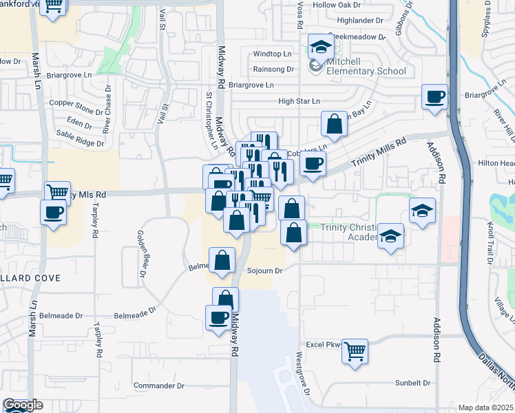map of restaurants, bars, coffee shops, grocery stores, and more near 2650 Midway Road in Carrollton