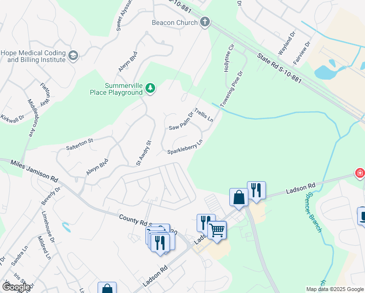 map of restaurants, bars, coffee shops, grocery stores, and more near 222 Sparkleberry Lane in Ladson