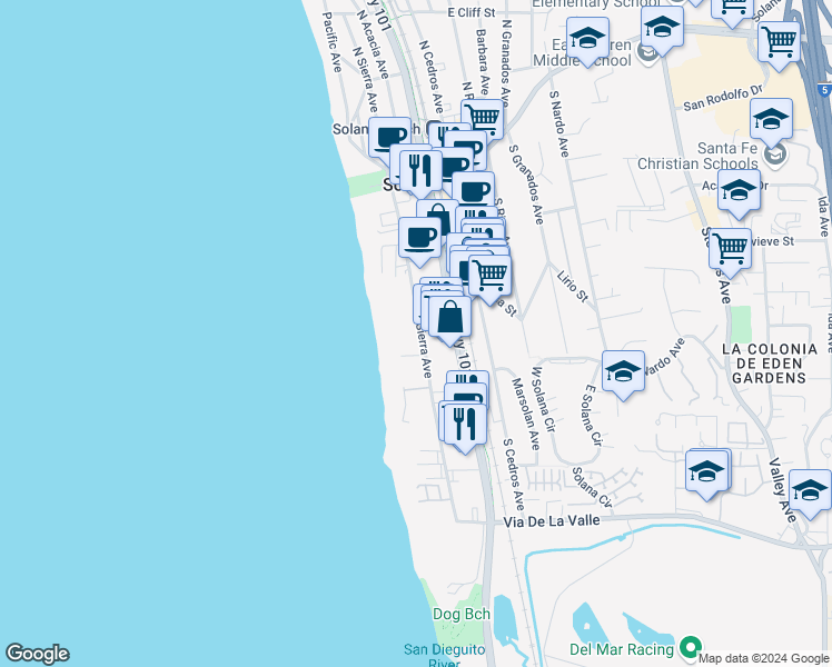 map of restaurants, bars, coffee shops, grocery stores, and more near 435 South Sierra Avenue in Solana Beach