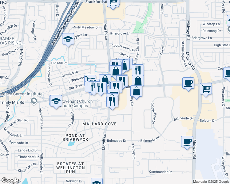 map of restaurants, bars, coffee shops, grocery stores, and more near 2810 East Trinity Mills Road in Carrollton