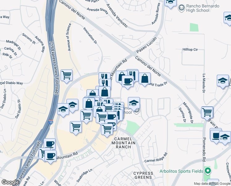 map of restaurants, bars, coffee shops, grocery stores, and more near 12220 World Trade Drive in San Diego