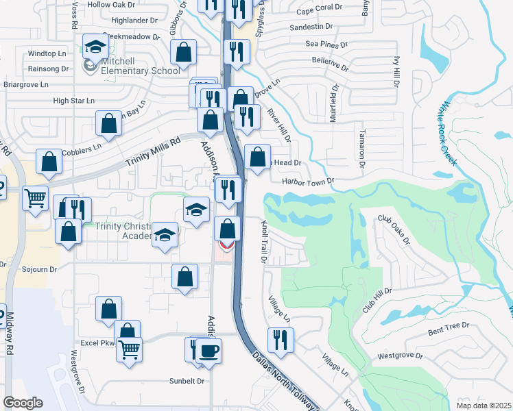 map of restaurants, bars, coffee shops, grocery stores, and more near 17300 Dallas Parkway in Dallas