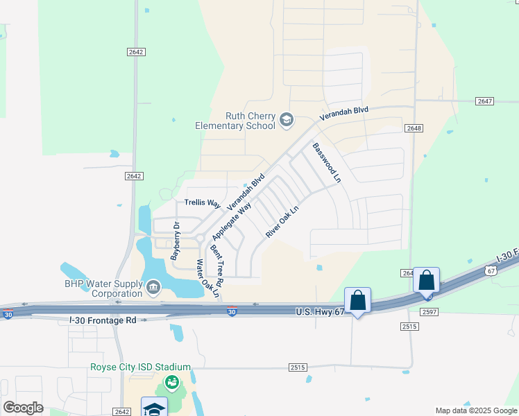 map of restaurants, bars, coffee shops, grocery stores, and more near 1309 Sweetgum Drive in Royse City